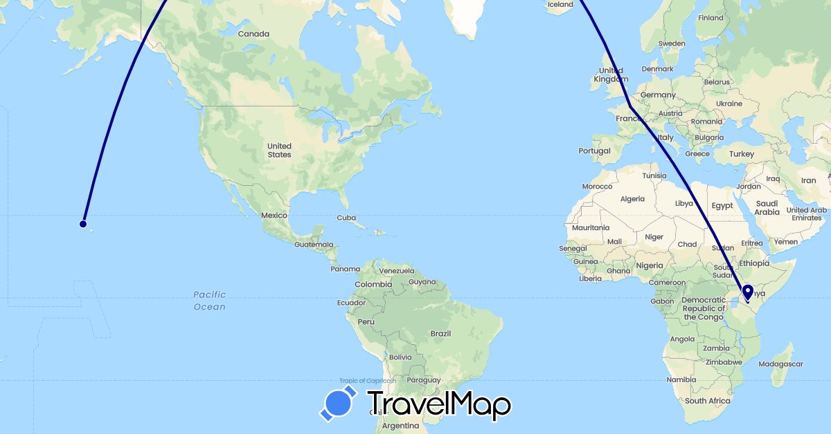 TravelMap itinerary: driving in France, Kenya, United States (Africa, Europe, North America)