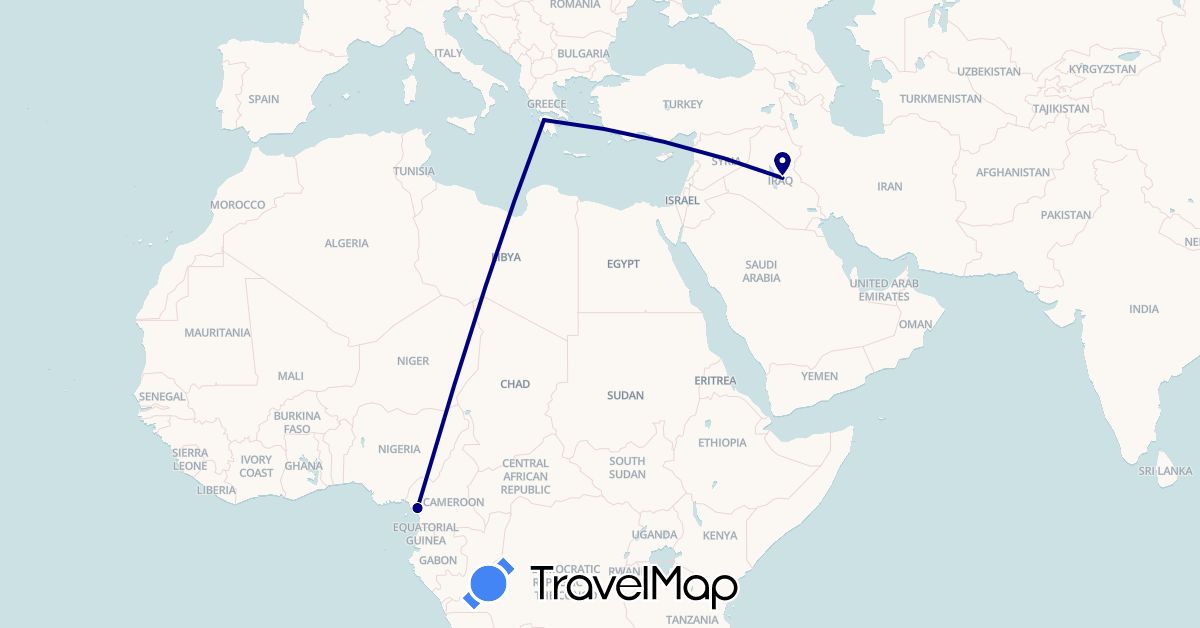 TravelMap itinerary: driving in Cameroon, Greece, Iraq (Africa, Asia, Europe)