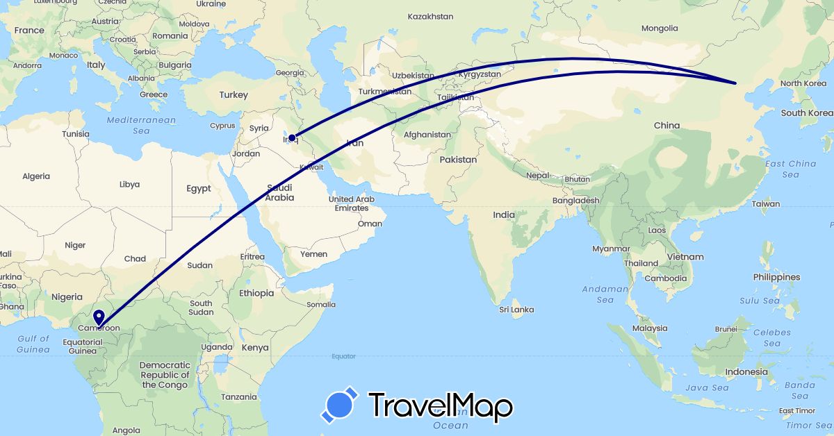 TravelMap itinerary: driving in Cameroon, China, Iraq (Africa, Asia)