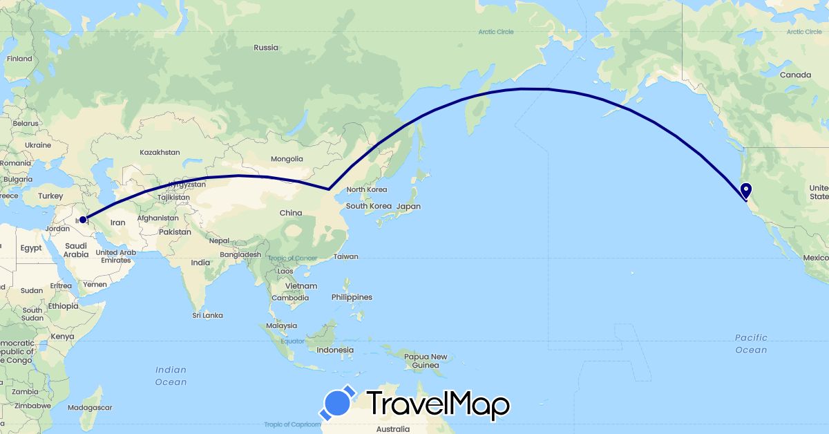 TravelMap itinerary: driving in China, Iraq, United States (Asia, North America)